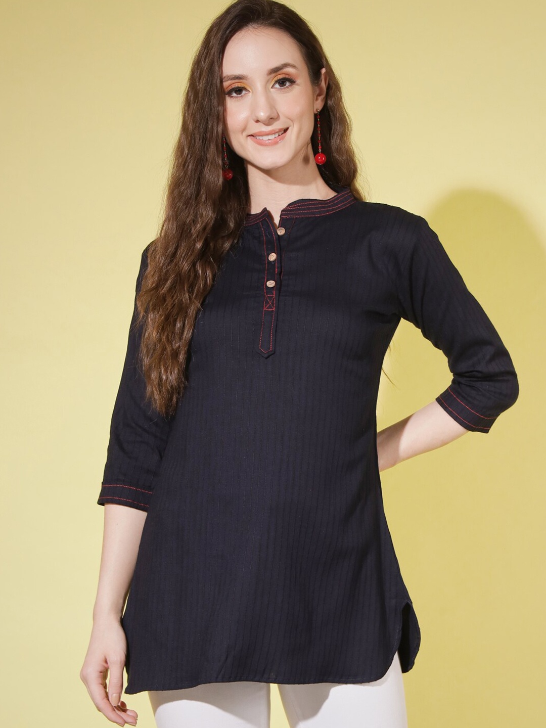 

GUFRINA Striped Mandarin Collar Liva Tunics, Black