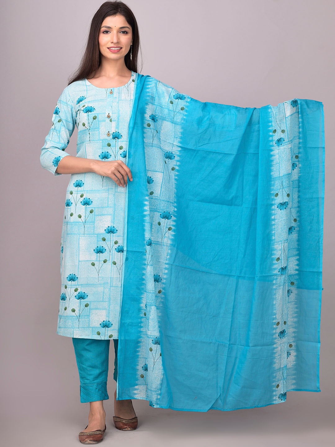 

Sangria Floral Printed Kurta With Trousers & Dupatta, Blue