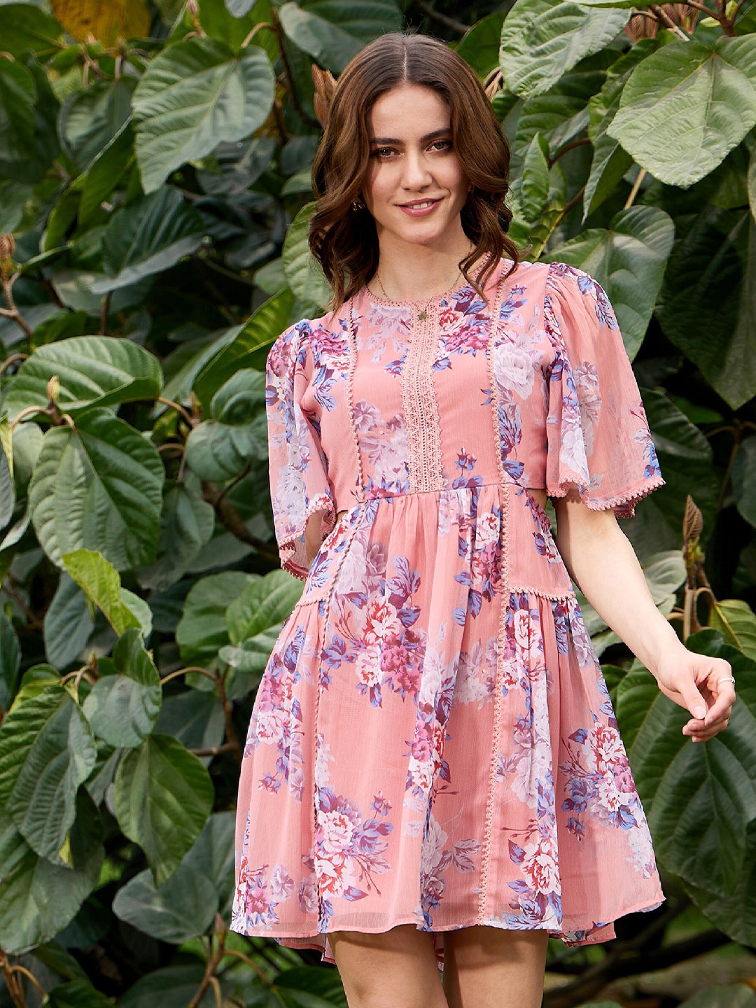 

SASSAFRAS Floral Print Georgette Fit & Flare Dress, Peach