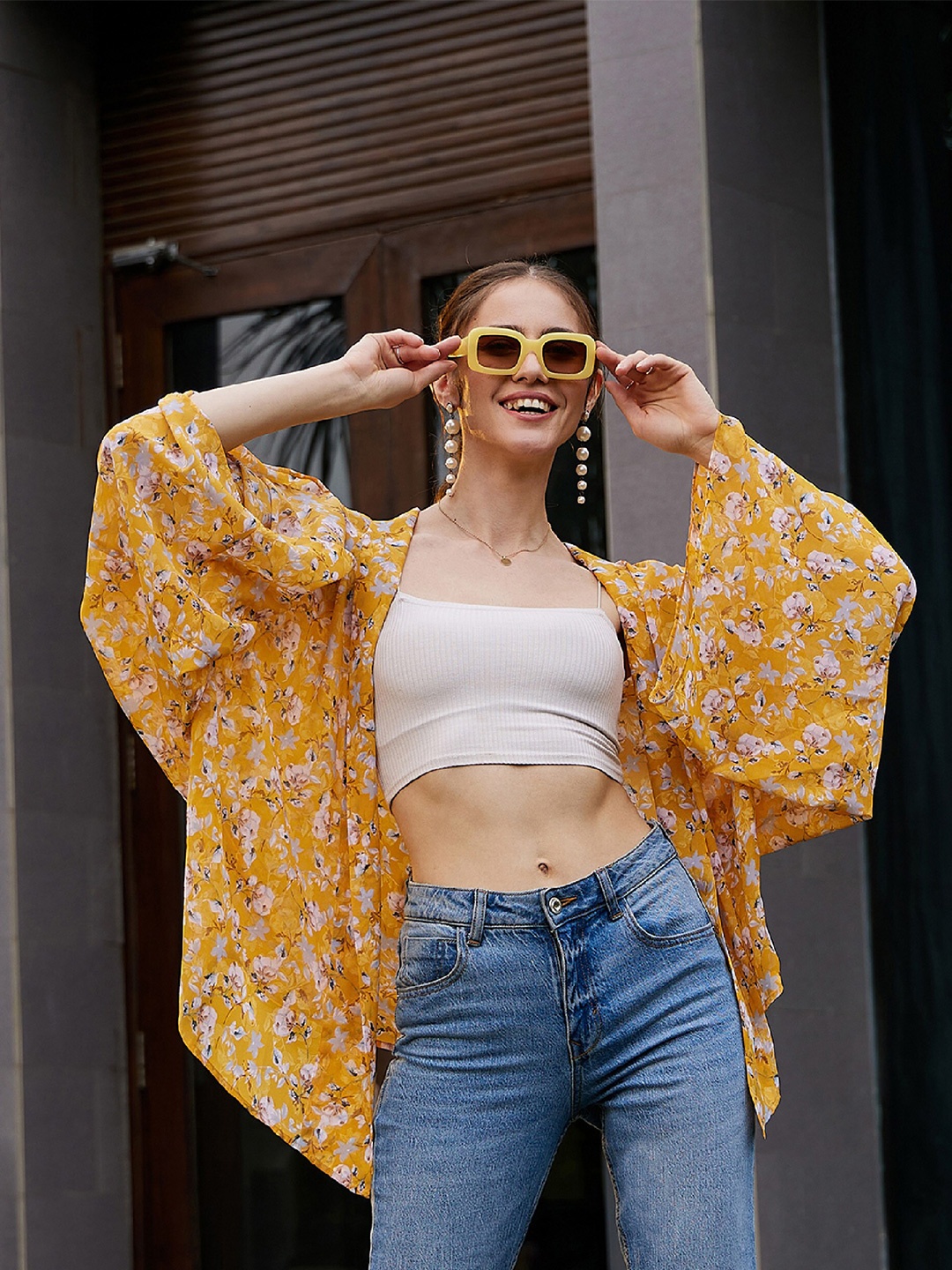 

SASSAFRAS Women Printed Floral Front Open Shrug, Yellow