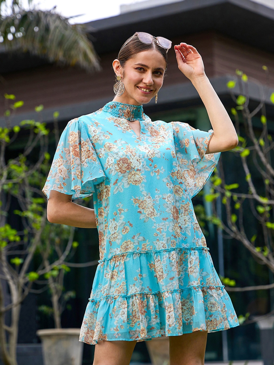 

SASSAFRAS Floral Print Flared Sleeve Georgette A-Line Dress, Turquoise blue