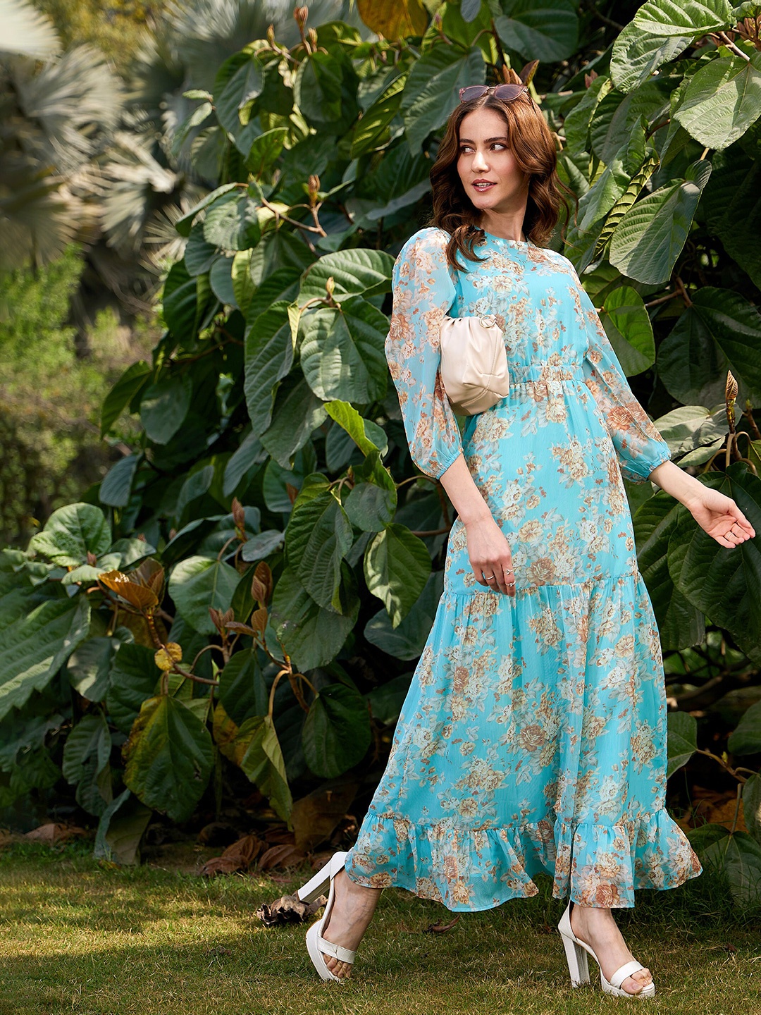 

SASSAFRAS Floral Printed Waist Cut-Out Fit & Flare Maxi Dress, Turquoise blue