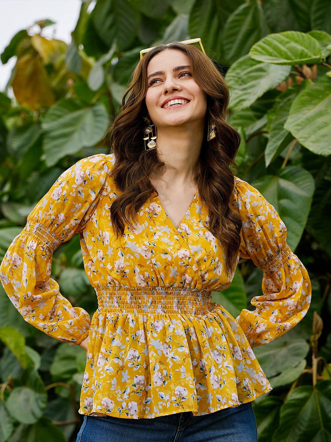 

SASSAFRAS Floral Print Bell Sleeve Georgette Peplum Top, Yellow