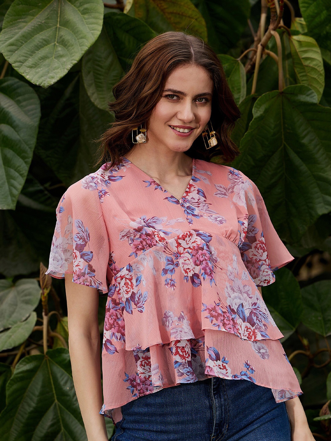 

SASSAFRAS Floral Printed V-Neck Chiffon Top, Peach