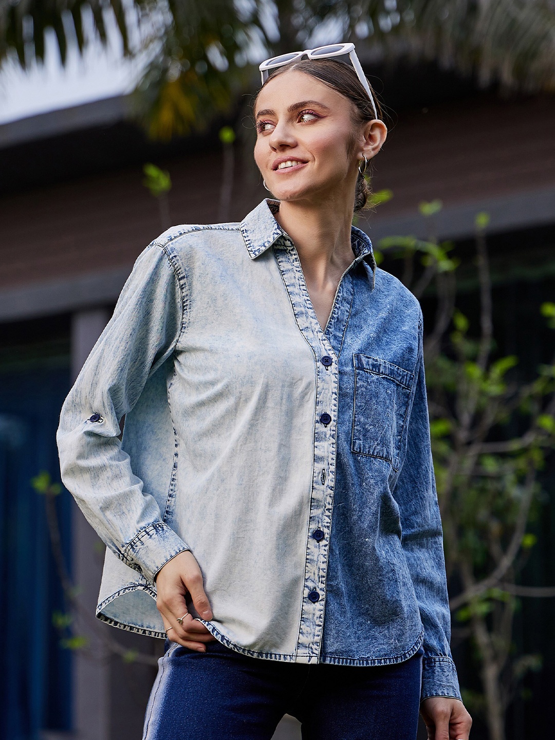 

SASSAFRAS Boxy Fit Twill Pure Cotton Casual Shirt, Blue
