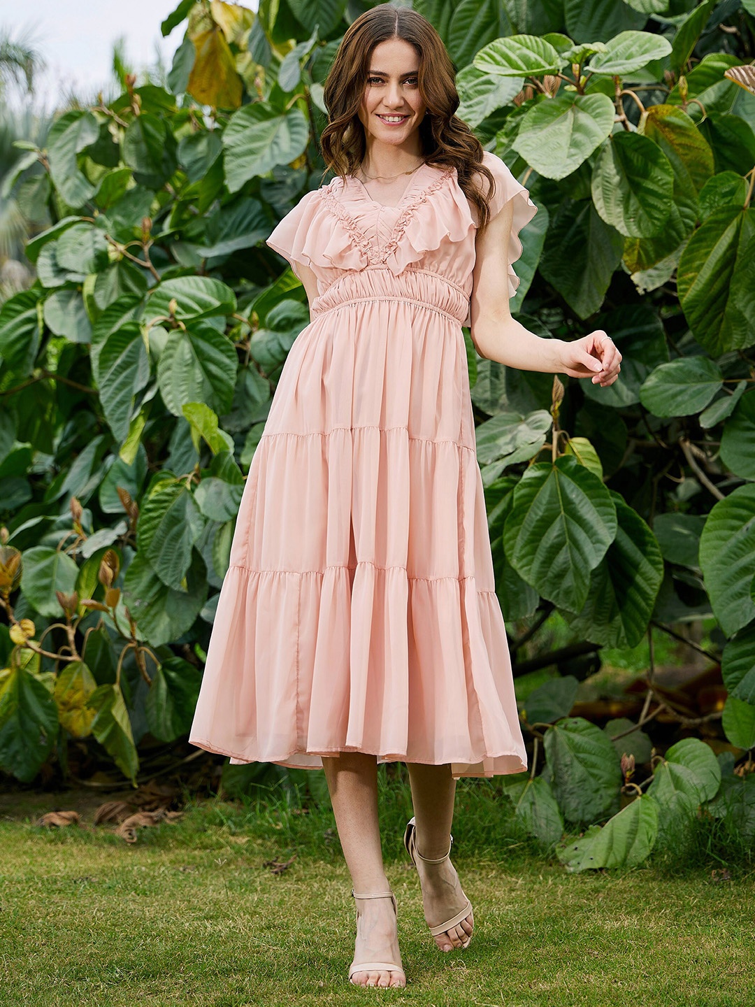 

SASSAFRAS Floral Georgette Empire Midi Dress, Nude
