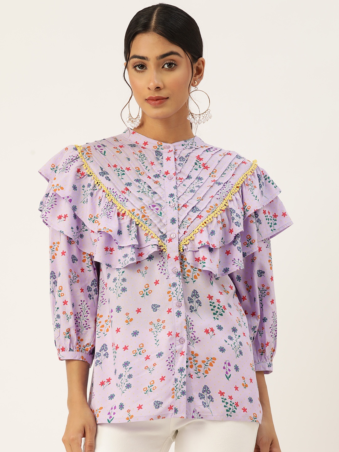 

MISRI Floral Print Mandarin Collar Puff Sleeve Ruffles Top, Purple
