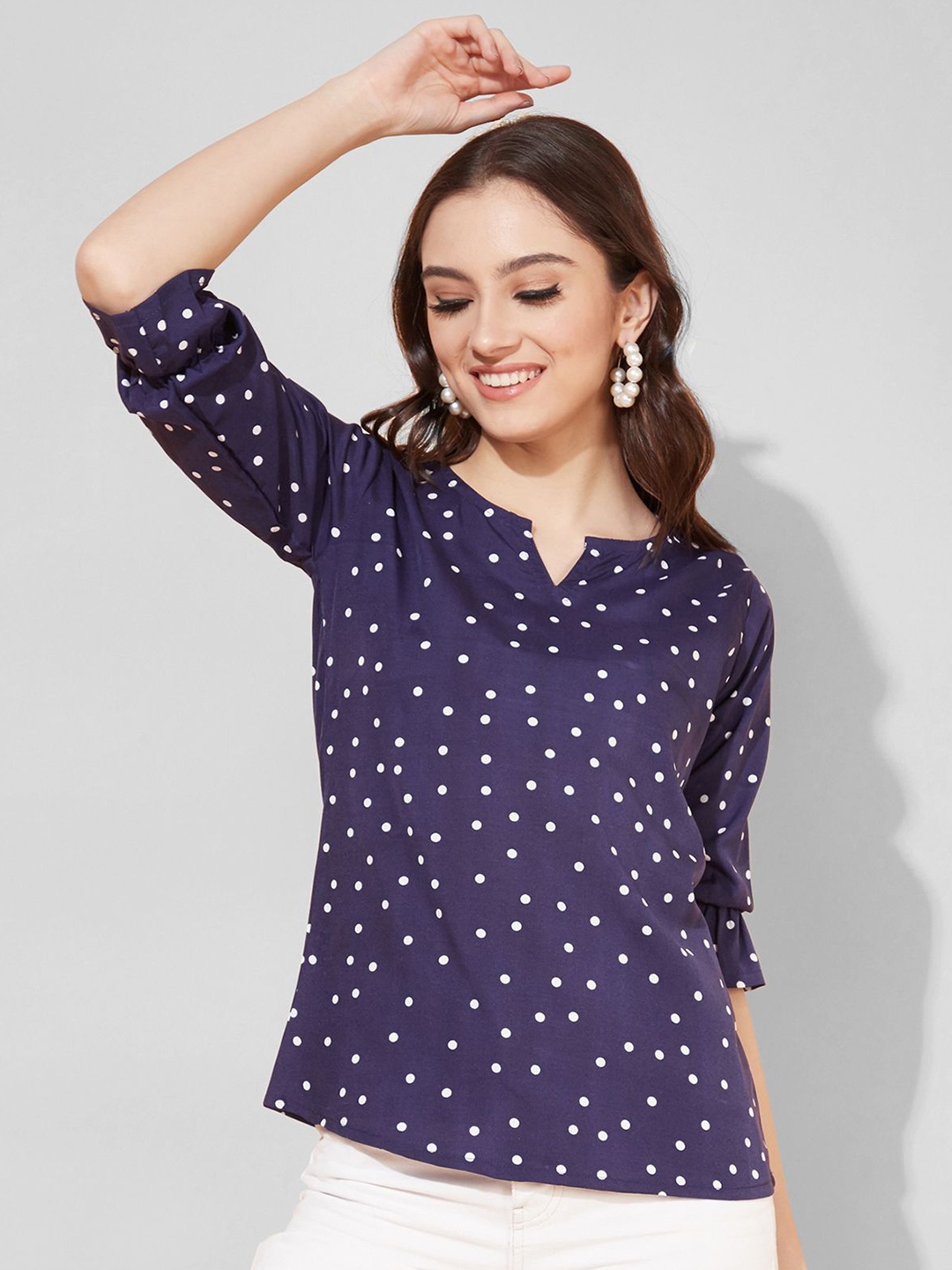 

Selvia Polka Dot Printed Puff Sleeves Crepe Top, Navy blue