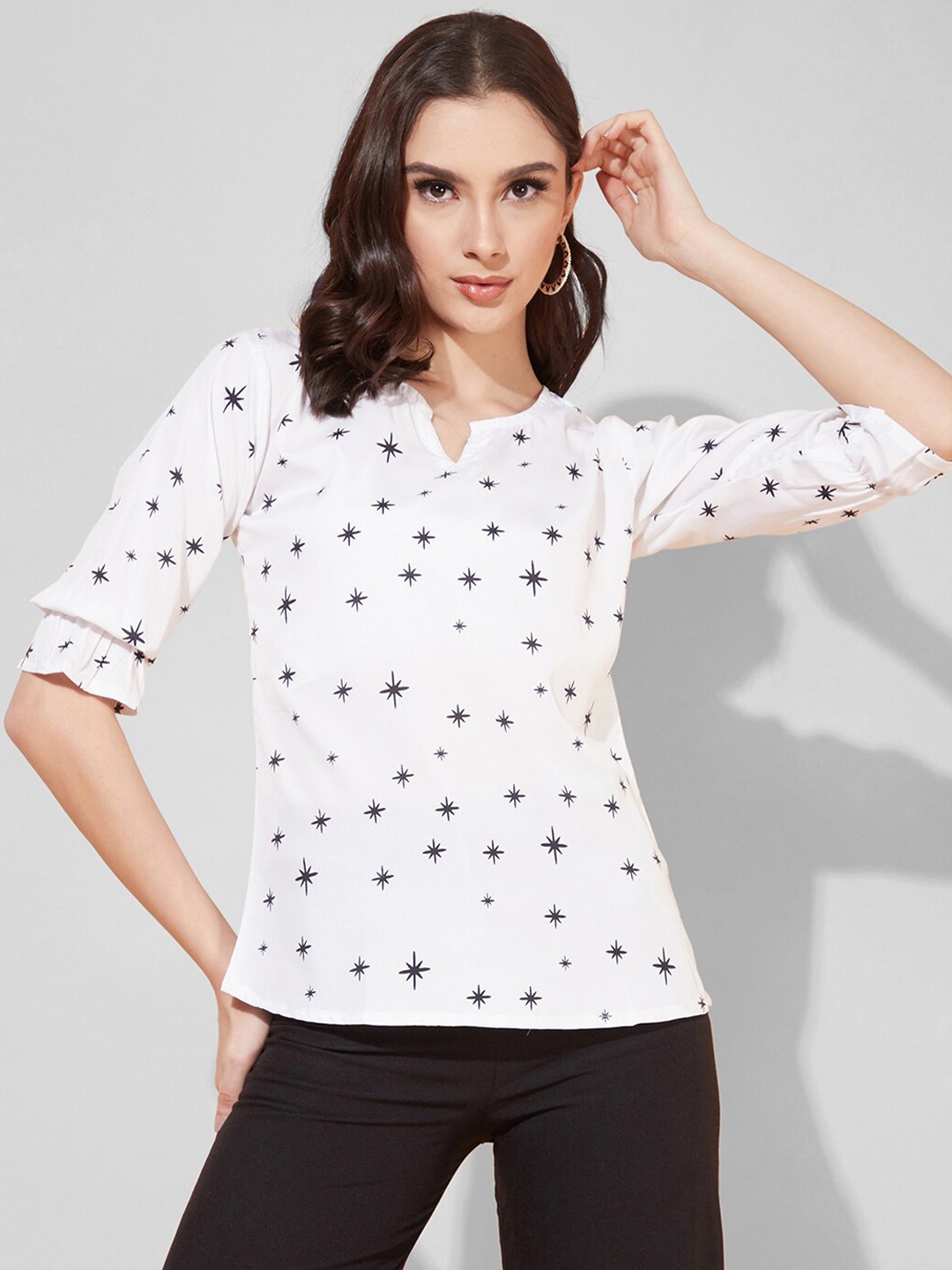 

Selvia Printed Mandarin Collar Crepe Top, White