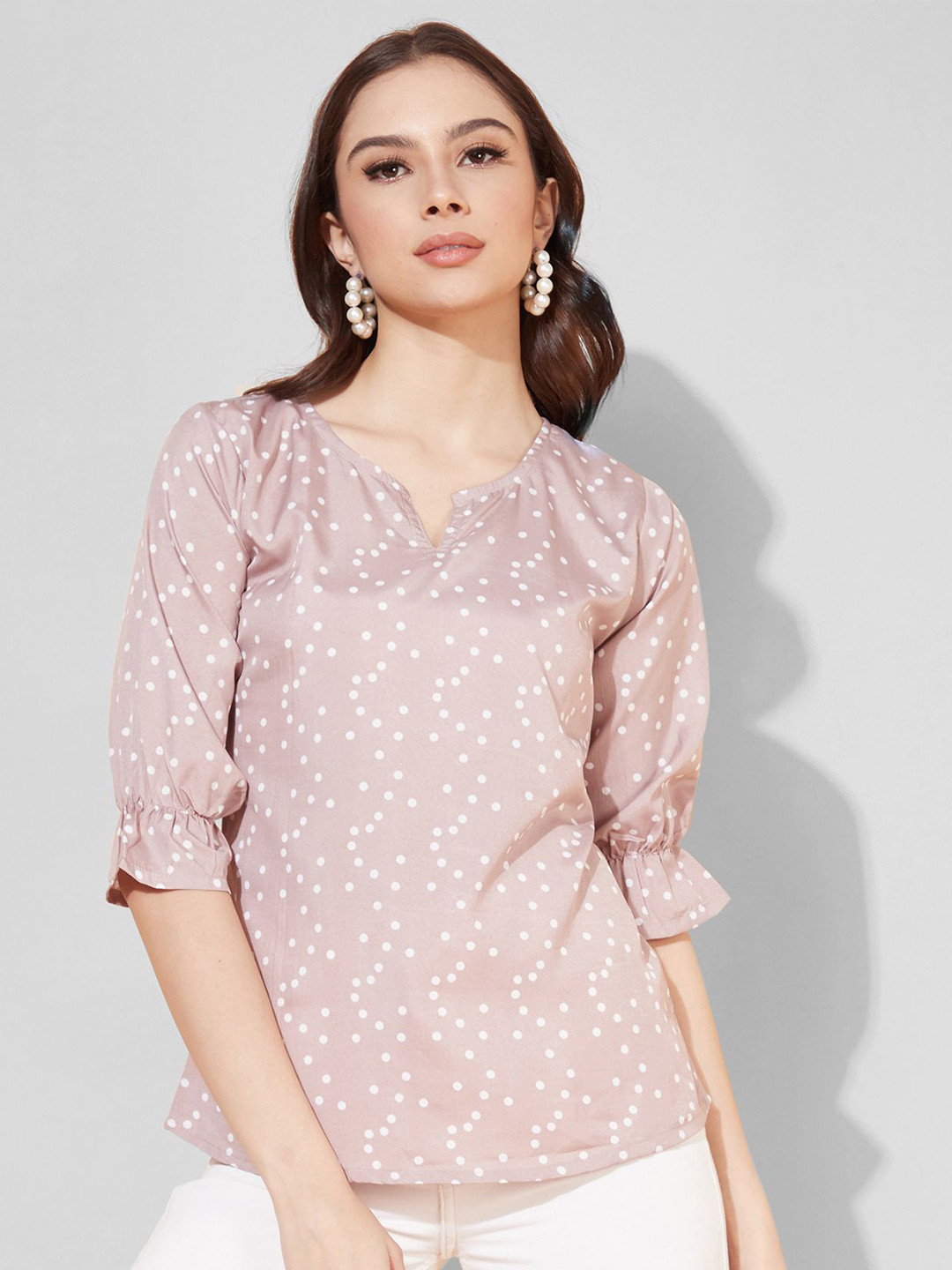 

Selvia Polka Dots Print Round Neck Top, Brown