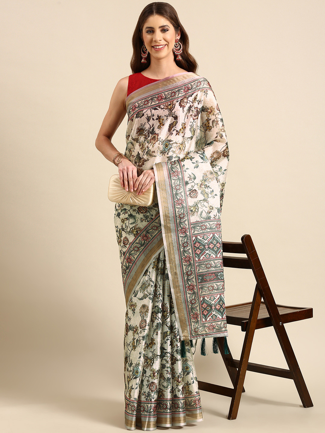 

SHANVIKA Floral Printed Art Silk Saree, Beige