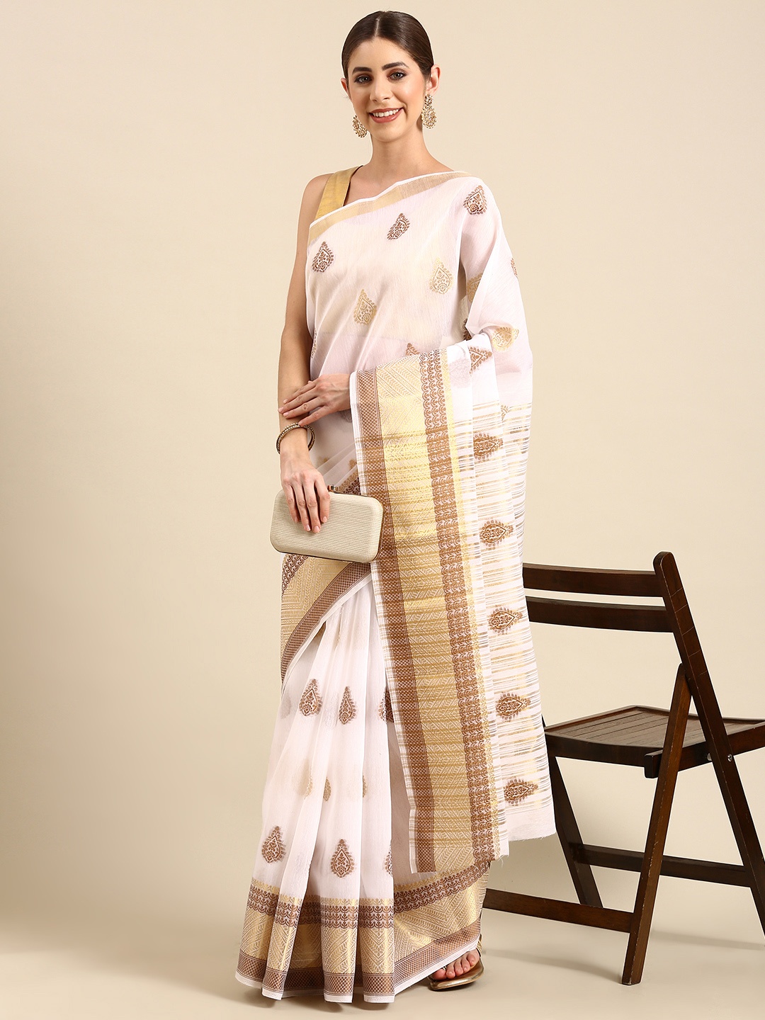 

SHANVIKA Ethnic Motifs Zari Chanderi Saree, White