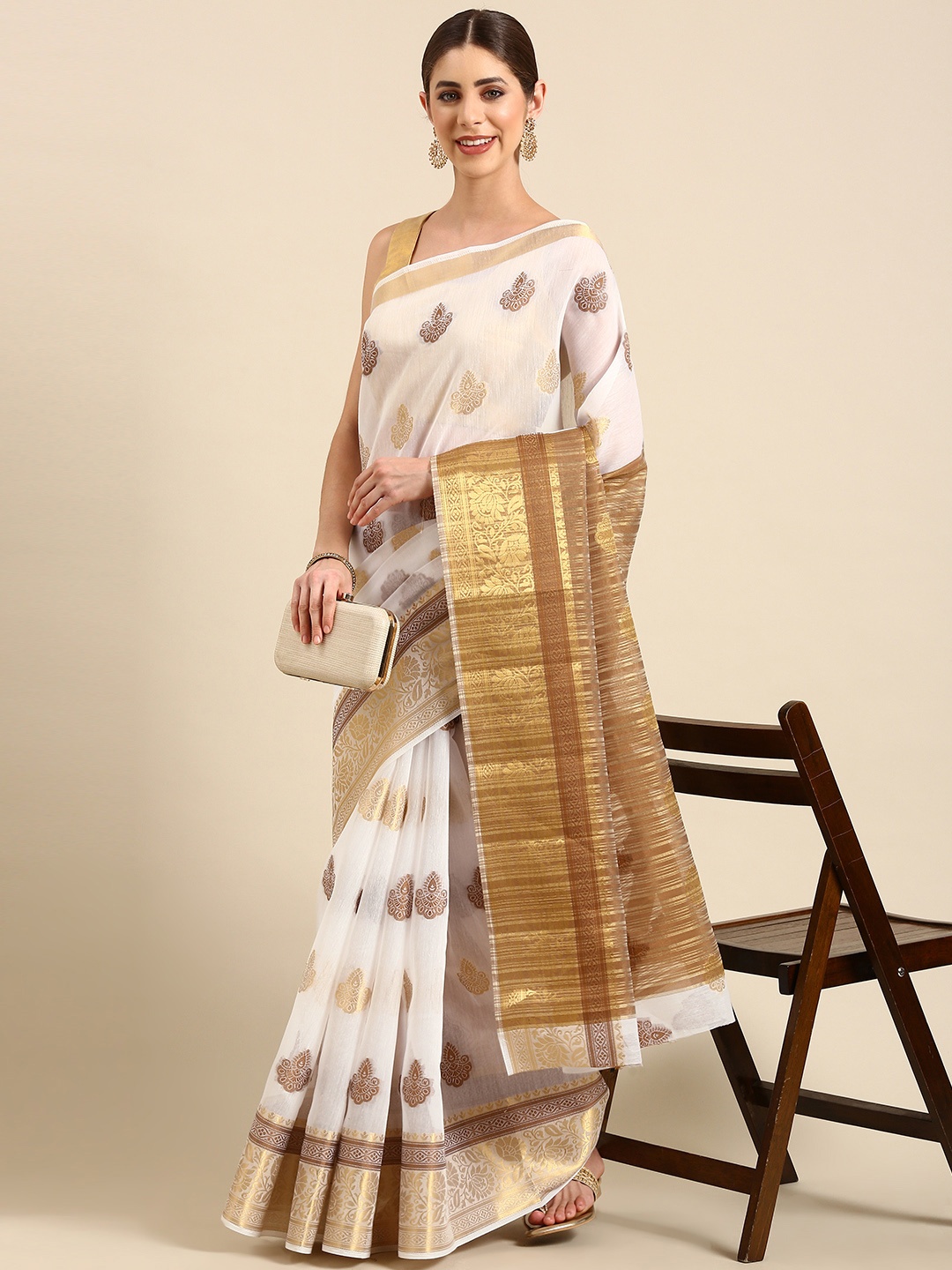 

SHANVIKA Ethnic Motifs Zari Art Silk Chanderi Saree, White