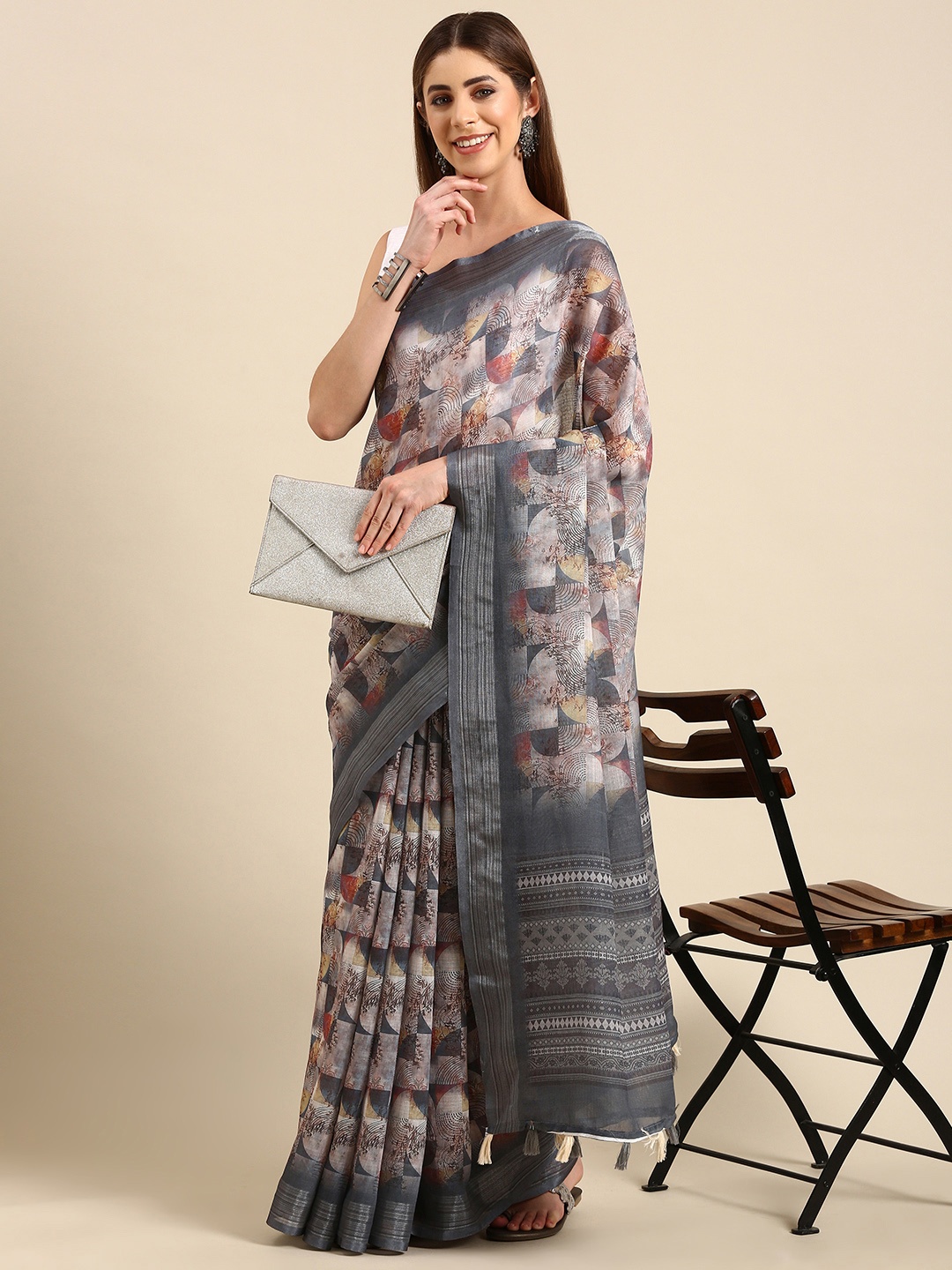 

SHANVIKA Abstract Print Linen Blend Saree, Grey