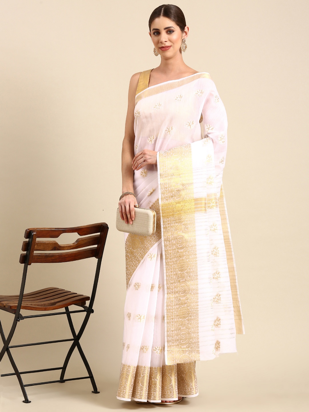 

SHANVIKA Ethnic Motifs Zari Art Silk Chanderi Saree, White