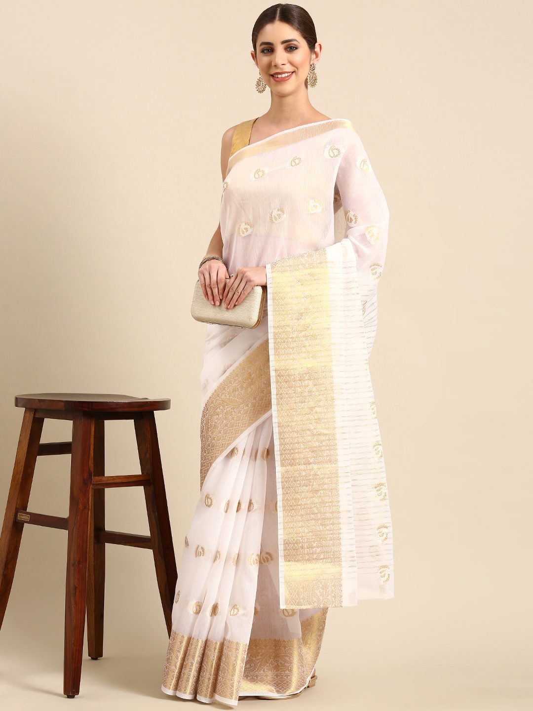 

SHANVIKA Ethnic Motifs Zari Art Silk Chanderi Saree, White
