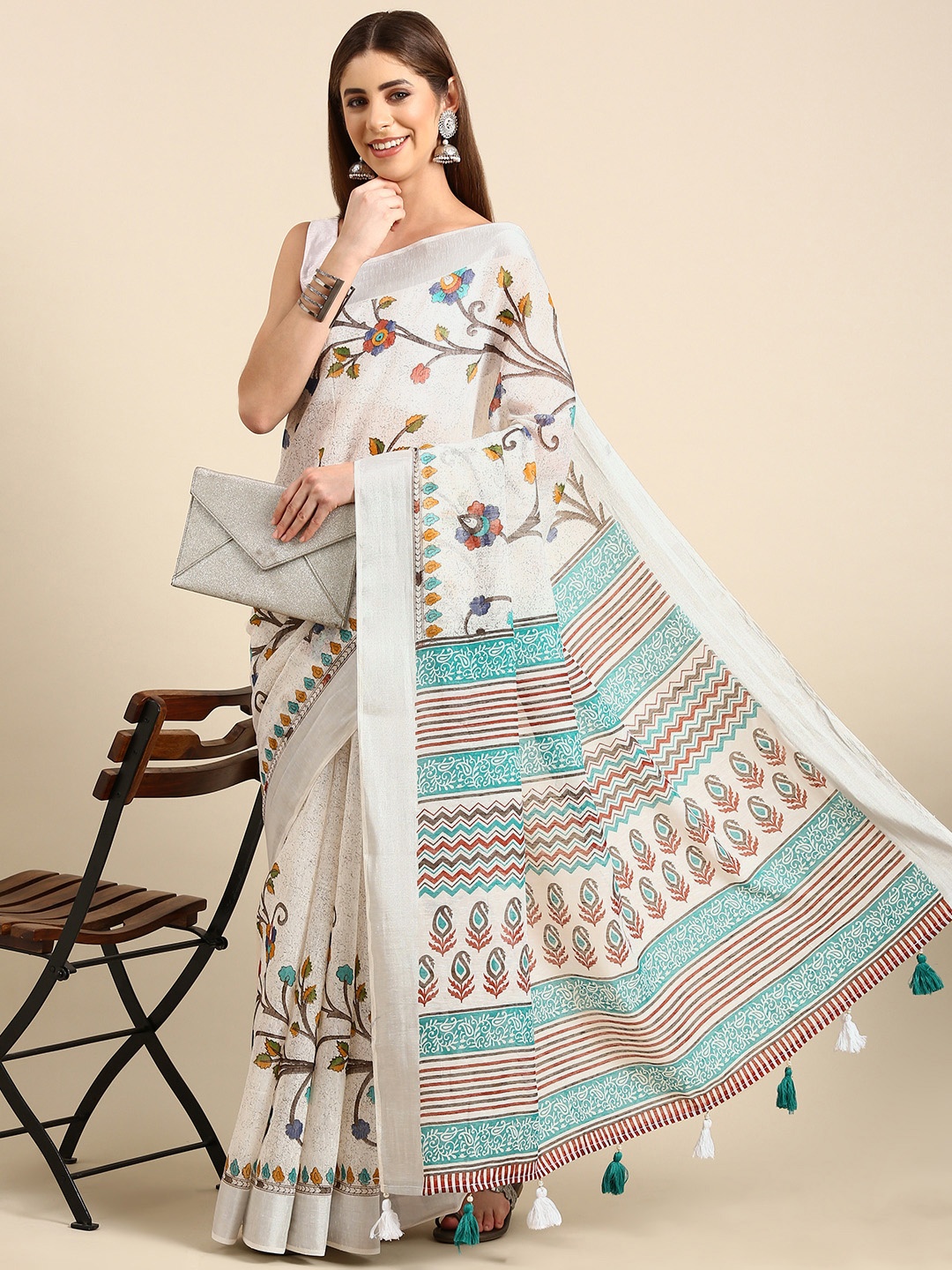 

SHANVIKA Floral Zari Linen Blend Saree, White