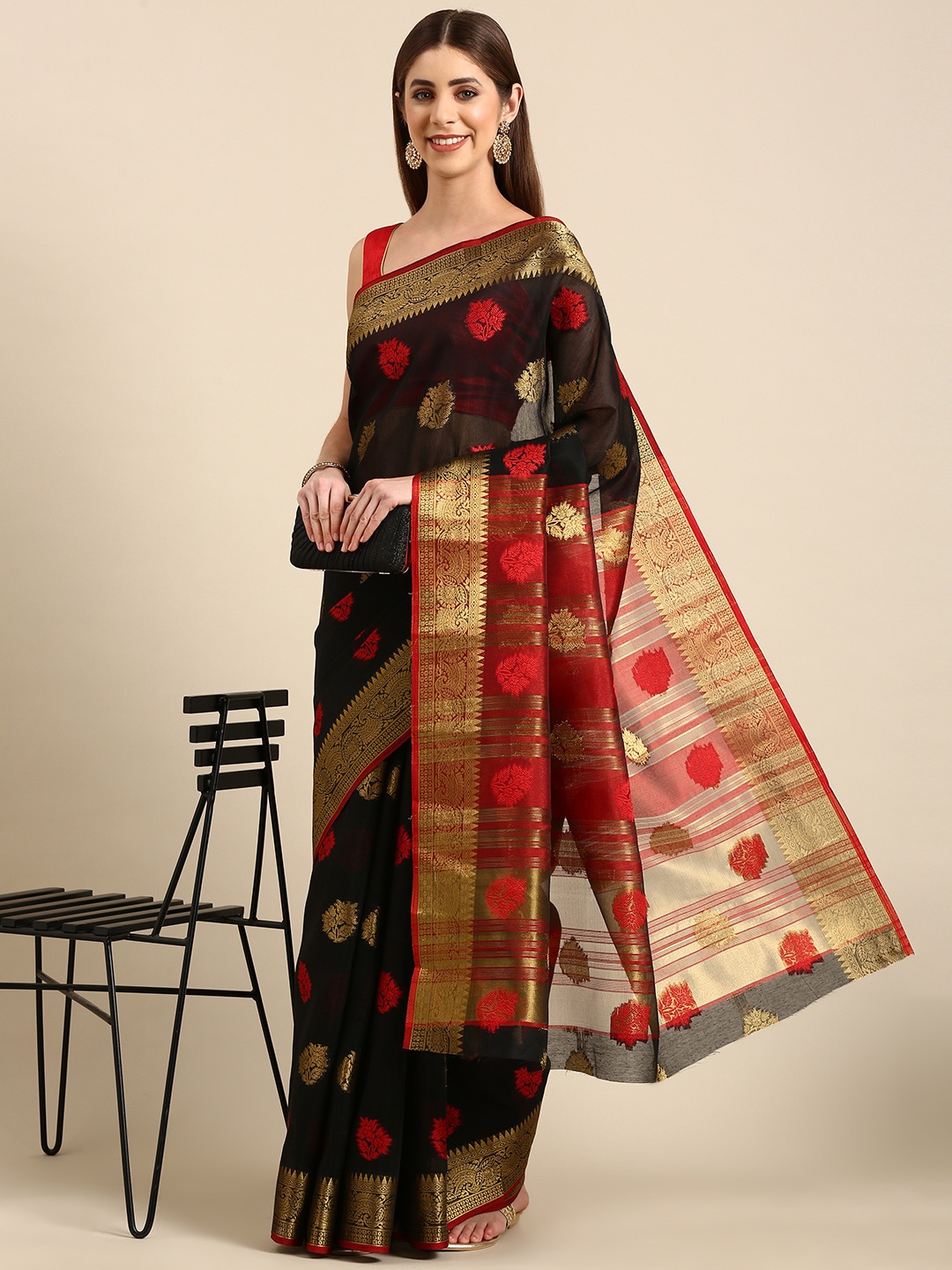 

SHANVIKA Zari Art Silk Chanderi Saree, Black