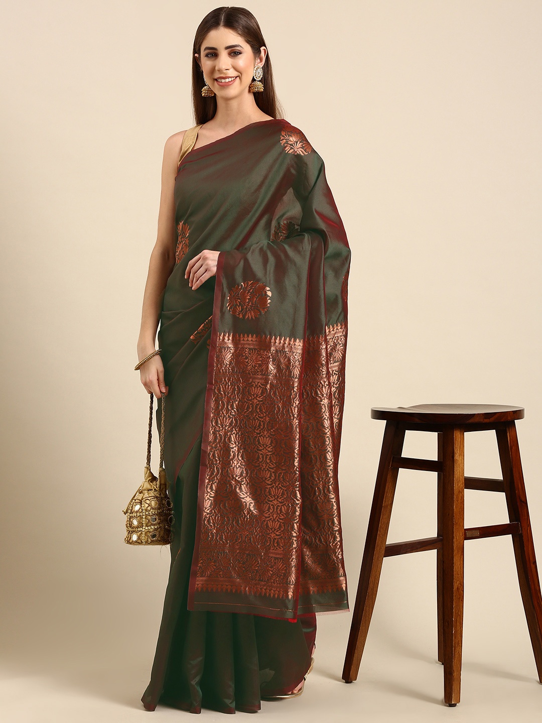 

SHANVIKA Ethnic Motifs Zari Art Silk Banarasi Saree, Green