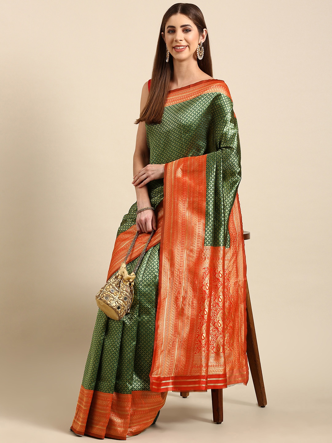 

SHANVIKA Ethnic Motifs Zari Art Silk Banarasi Saree, Green