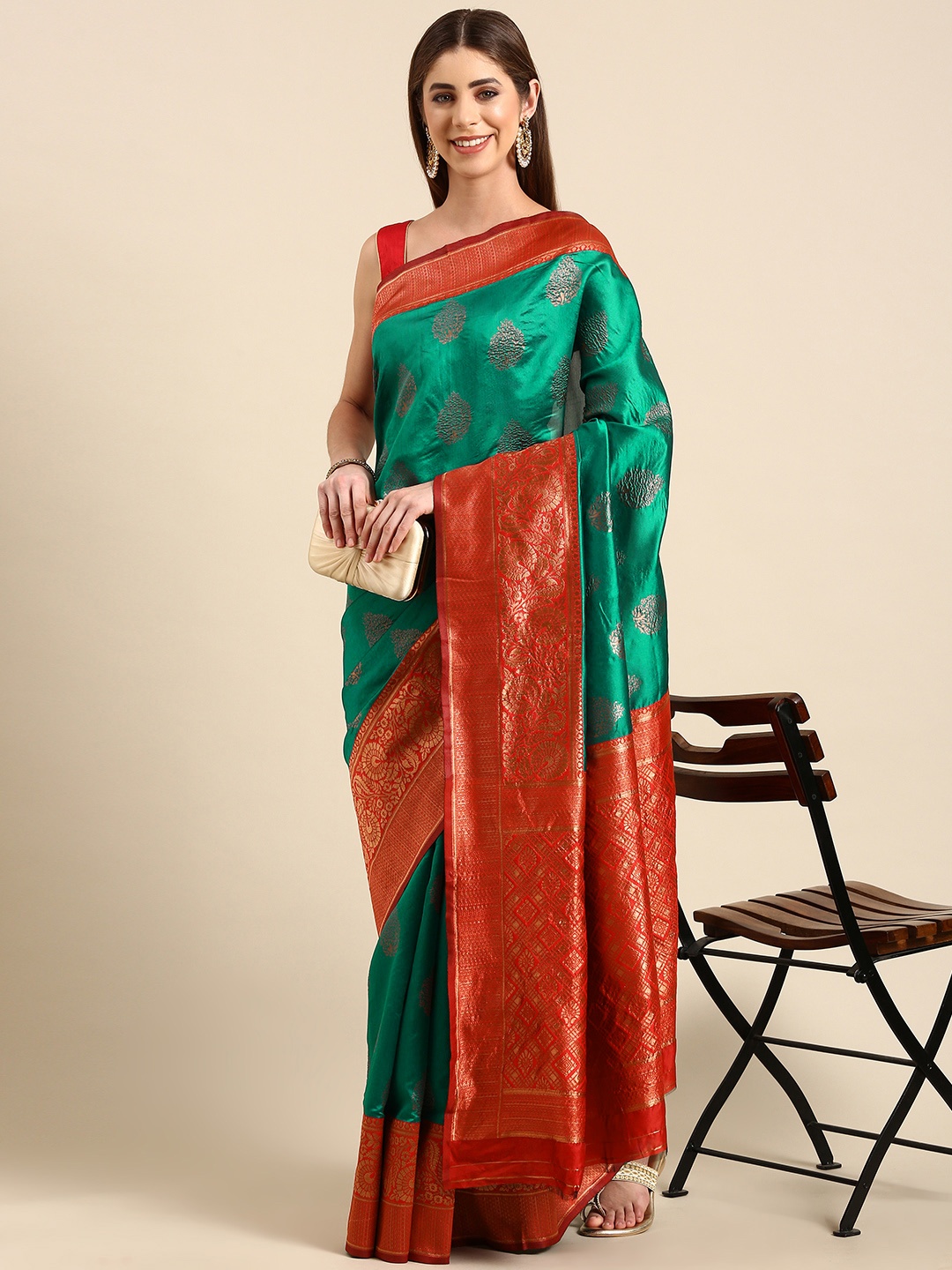 

SHANVIKA Ethnic Motifs Zari Art Silk Banarasi Saree, Teal