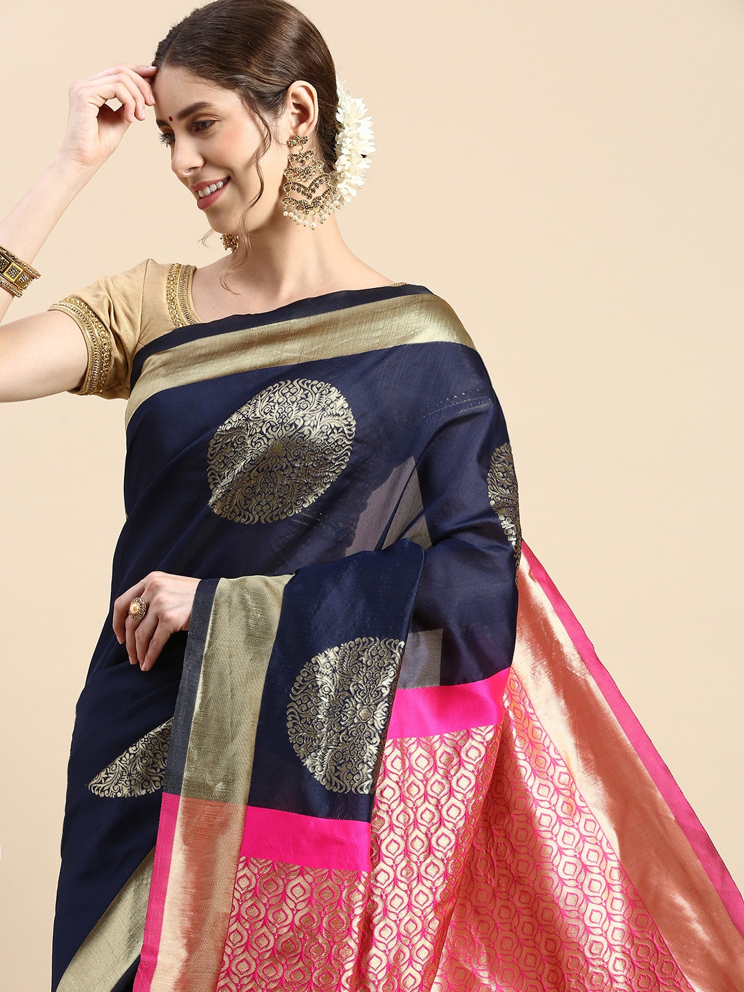 

SHANVIKA Ethnic Motifs Zari Art Silk Banarasi Saree, Navy blue