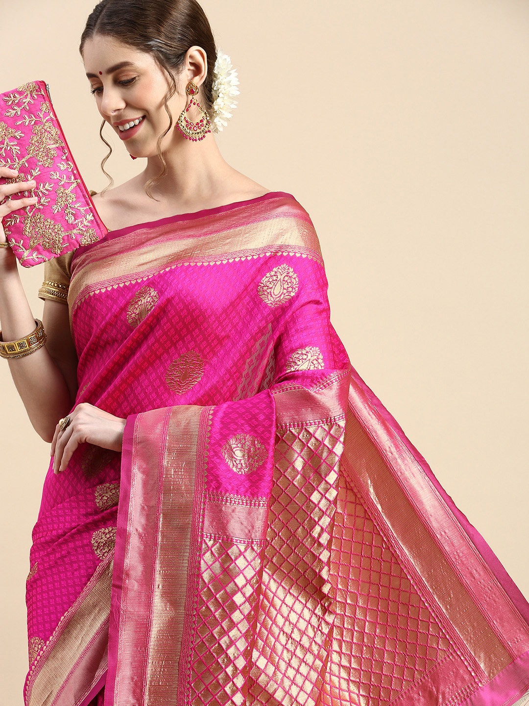 

SHANVIKA Ethnic Motifs Zari Art Silk Banarasi Saree, Pink