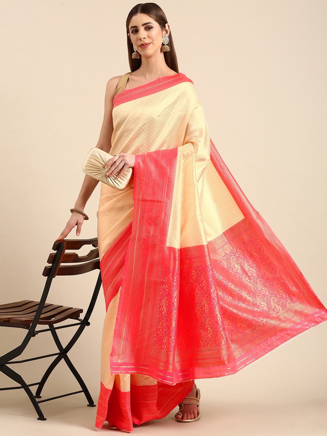 

SHANVIKA Motifs Zari Banarasi Saree, Beige