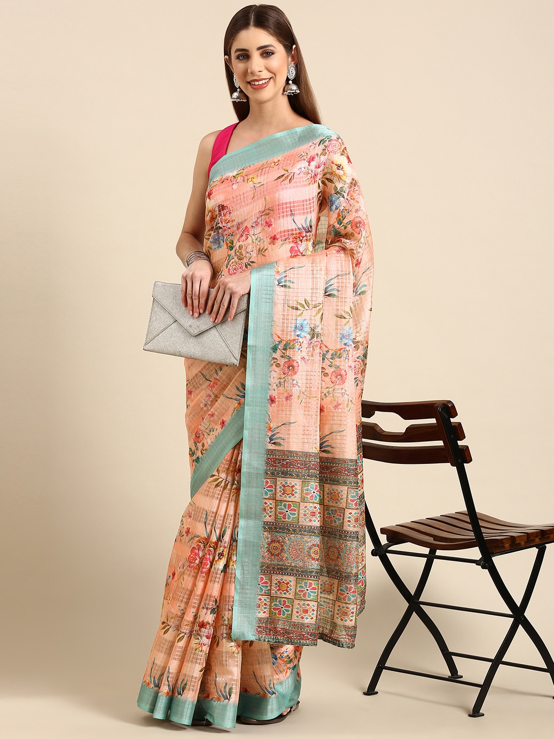 

SHANVIKA Floral Printed Linen Blend Saree, Peach