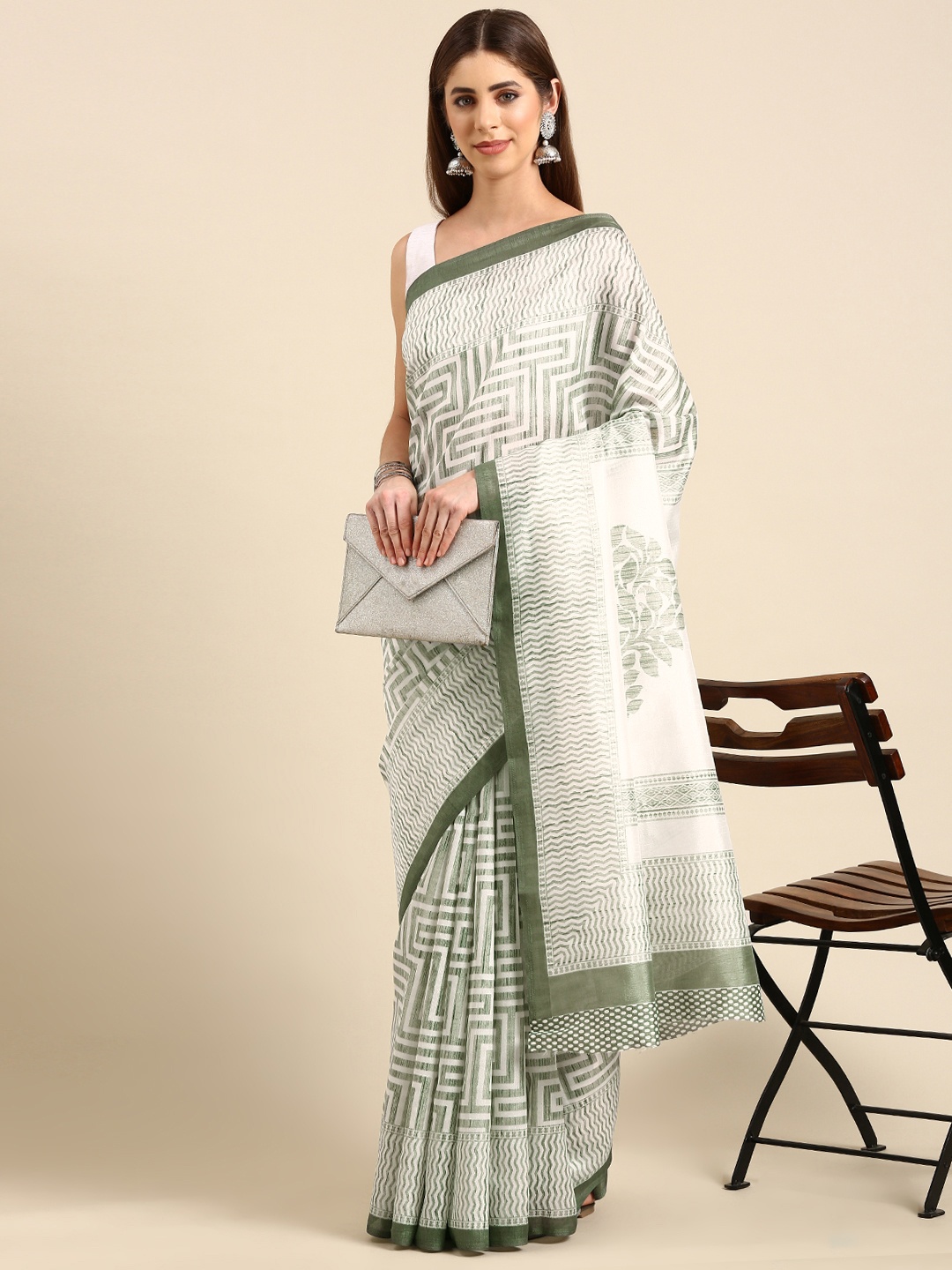 

SHANVIKA Geometric Print Saree, Green