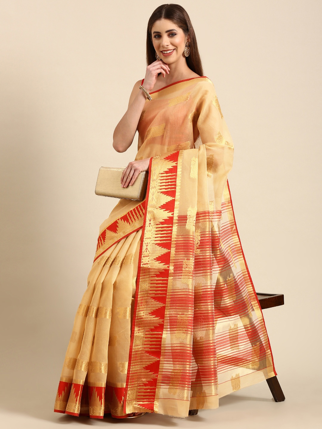 

SHANVIKA Woven Design Zari Art Silk Chanderi Saree, Beige