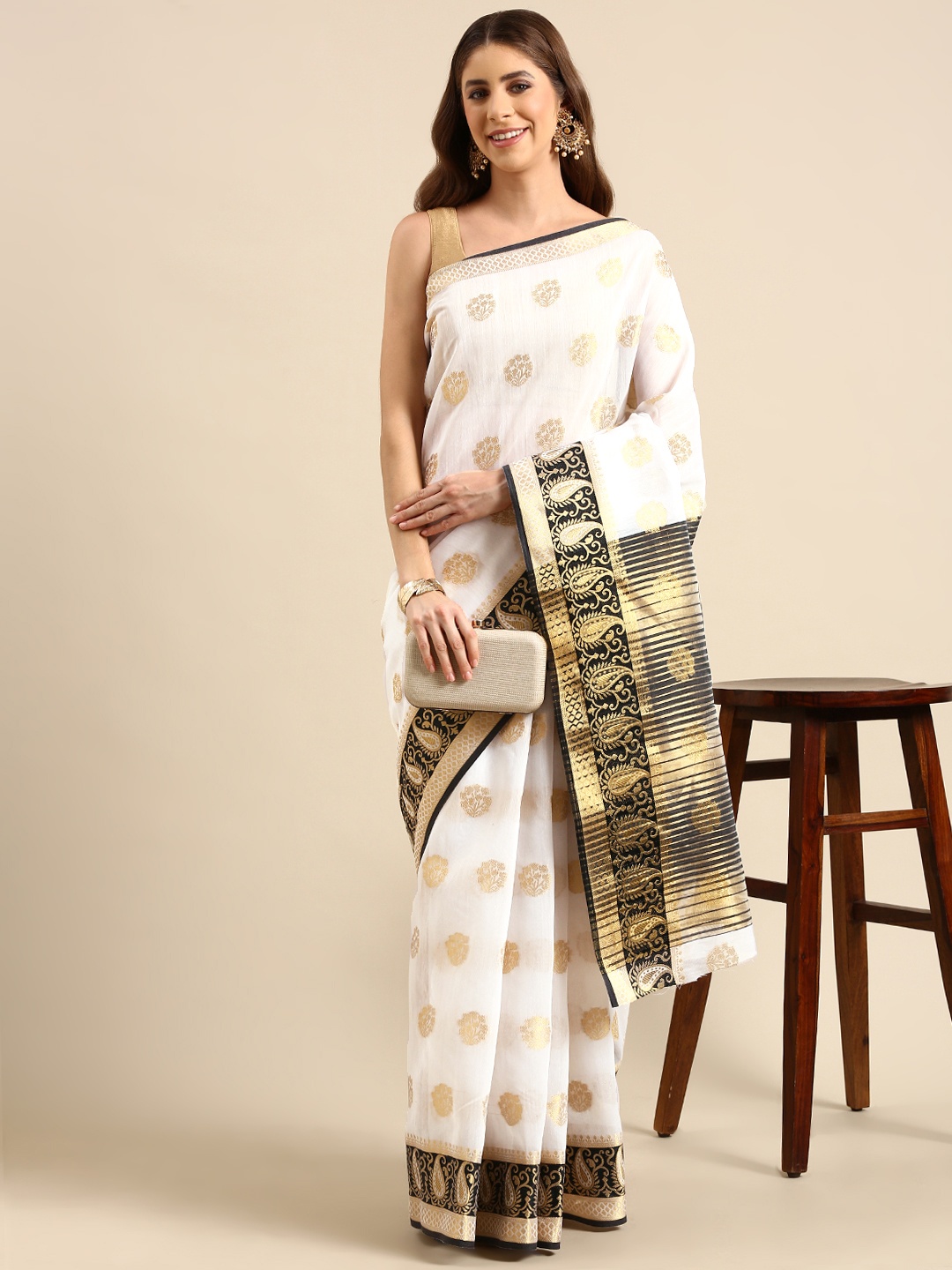 

SHANVIKA Ethnic Motifs Zari Art Silk Chanderi Saree, White