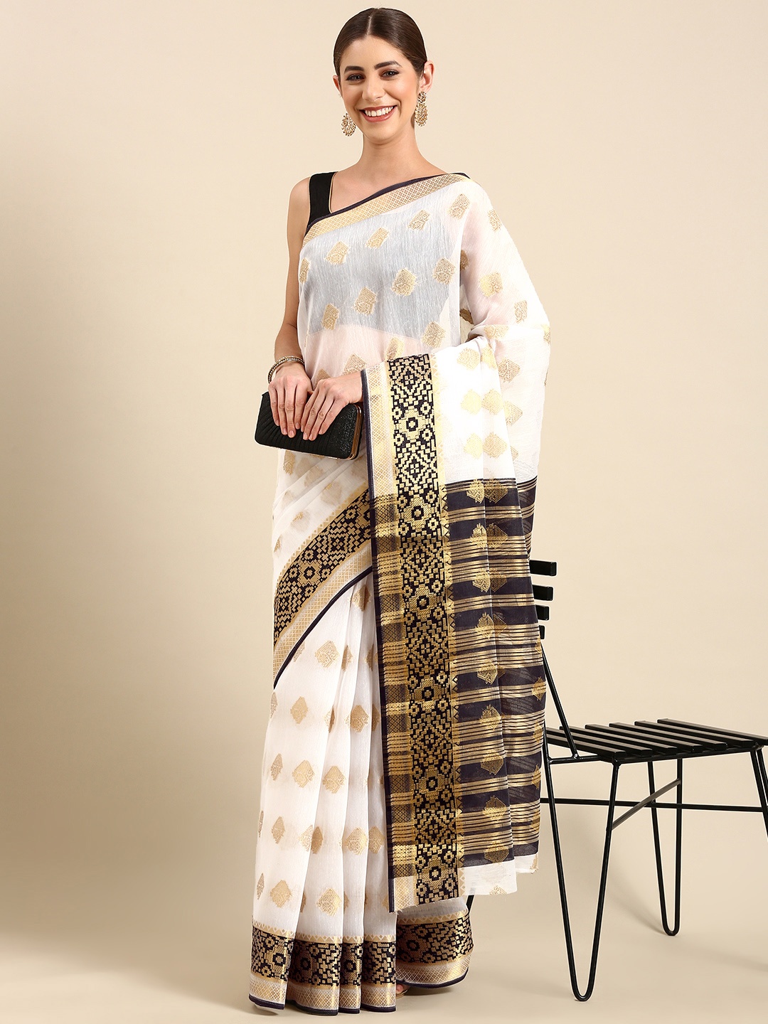 

SHANVIKA Ethnic Motifs Zari Chanderi Saree, White