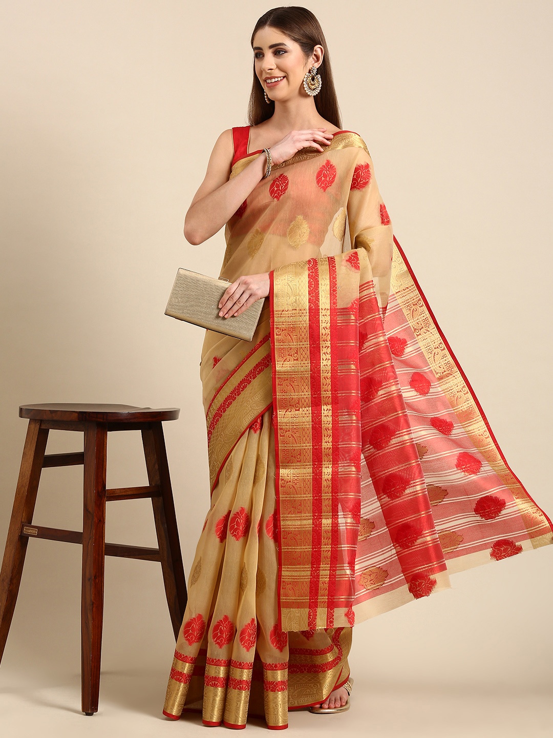 

SHANVIKA Ethnic Motifs Zari Art Silk Chanderi Saree, Beige
