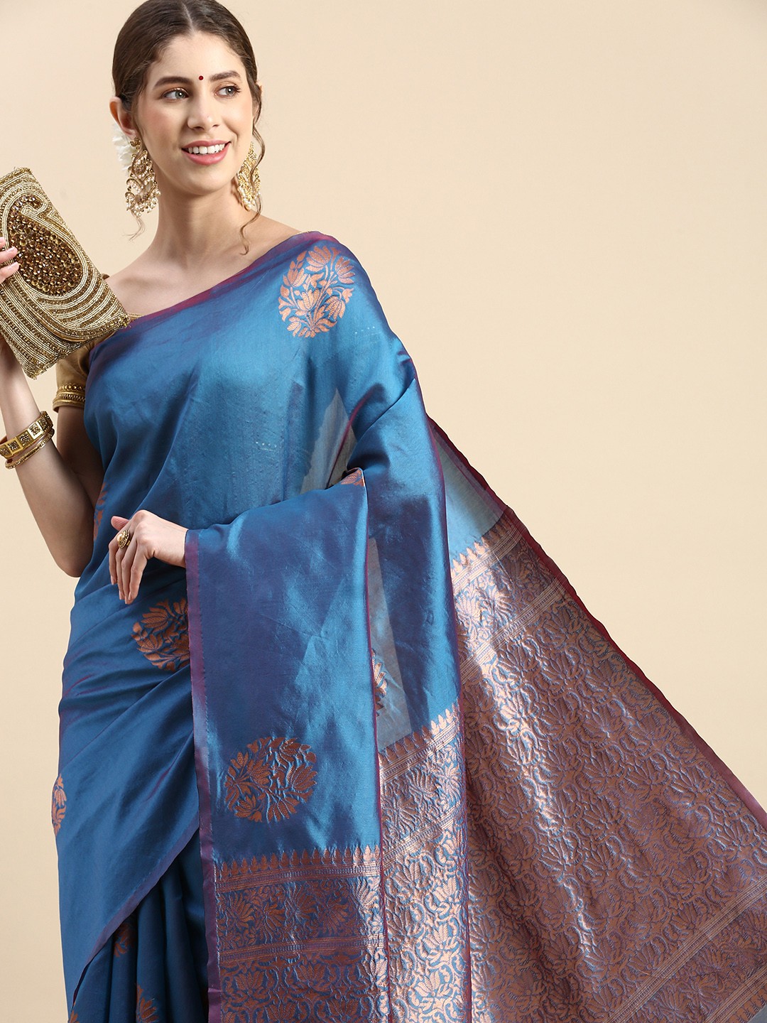 

SHANVIKA Ethnic Motifs Zari Art Silk Banarasi Saree, Blue