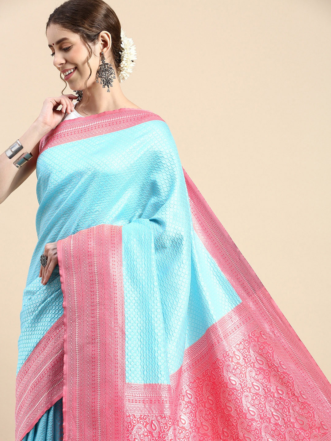 

SHANVIKA Ethnic Motifs Zari Art Silk Banarasi Saree, Blue