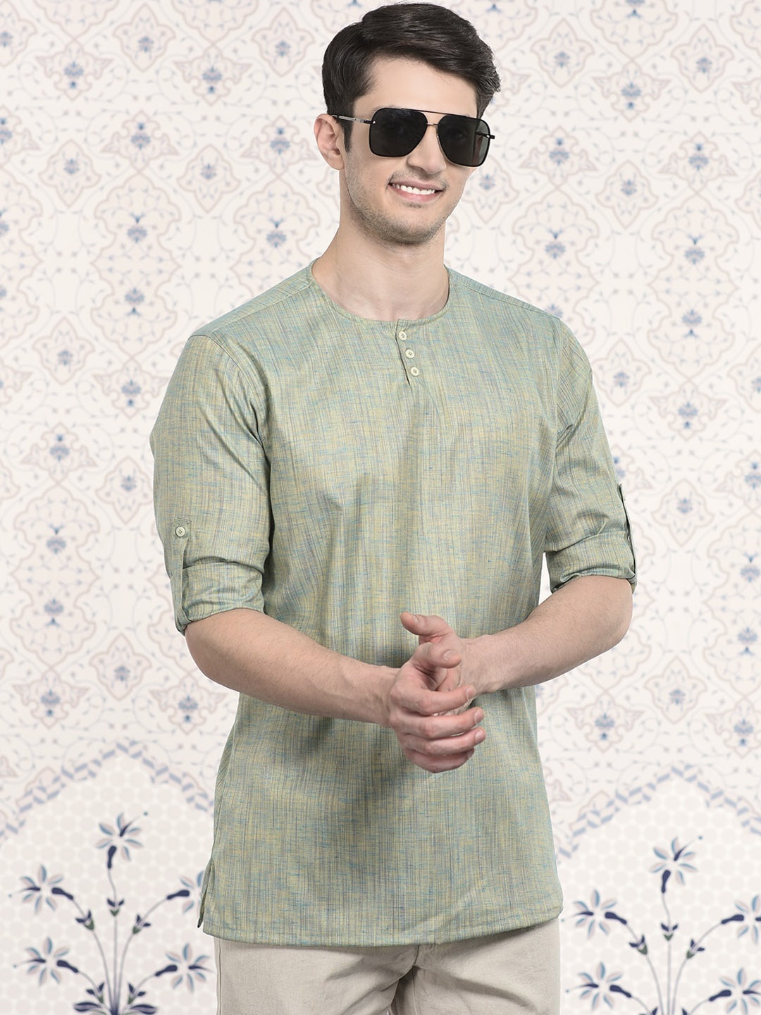 

Ode by House of Pataudi Woven Design Round Neck Roll Up Sleeves Short Kurta, Blue