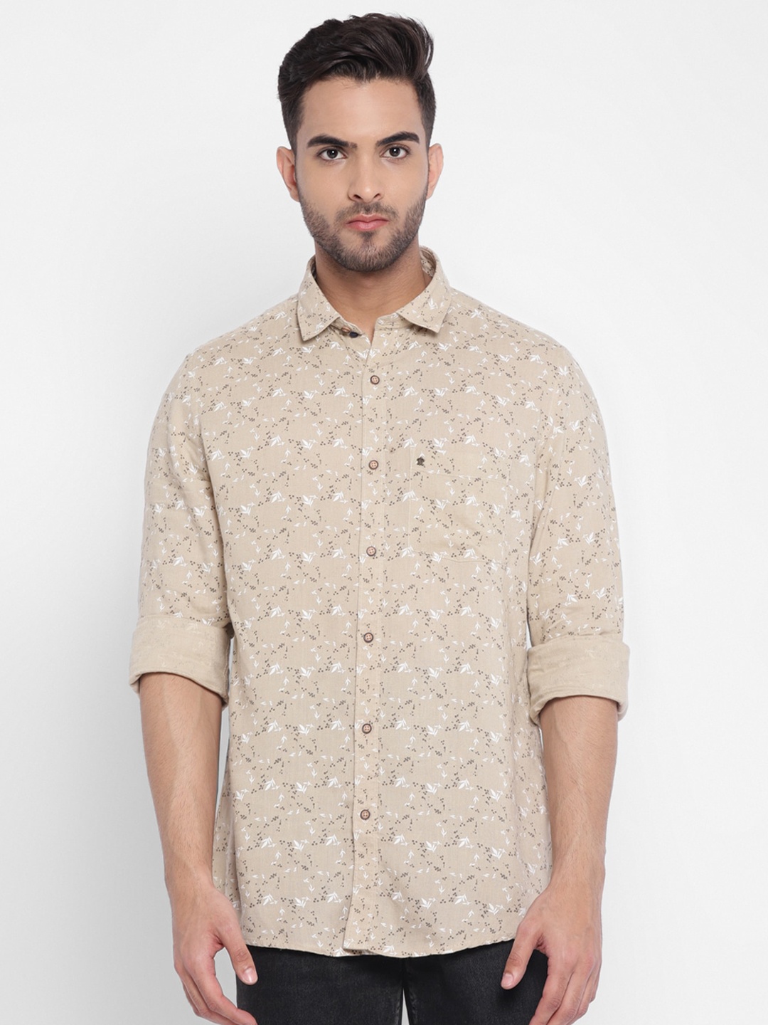 

Turtle Micro Ditsy Printed Long Sleeves Cotton Linen Casual Shirt, Beige
