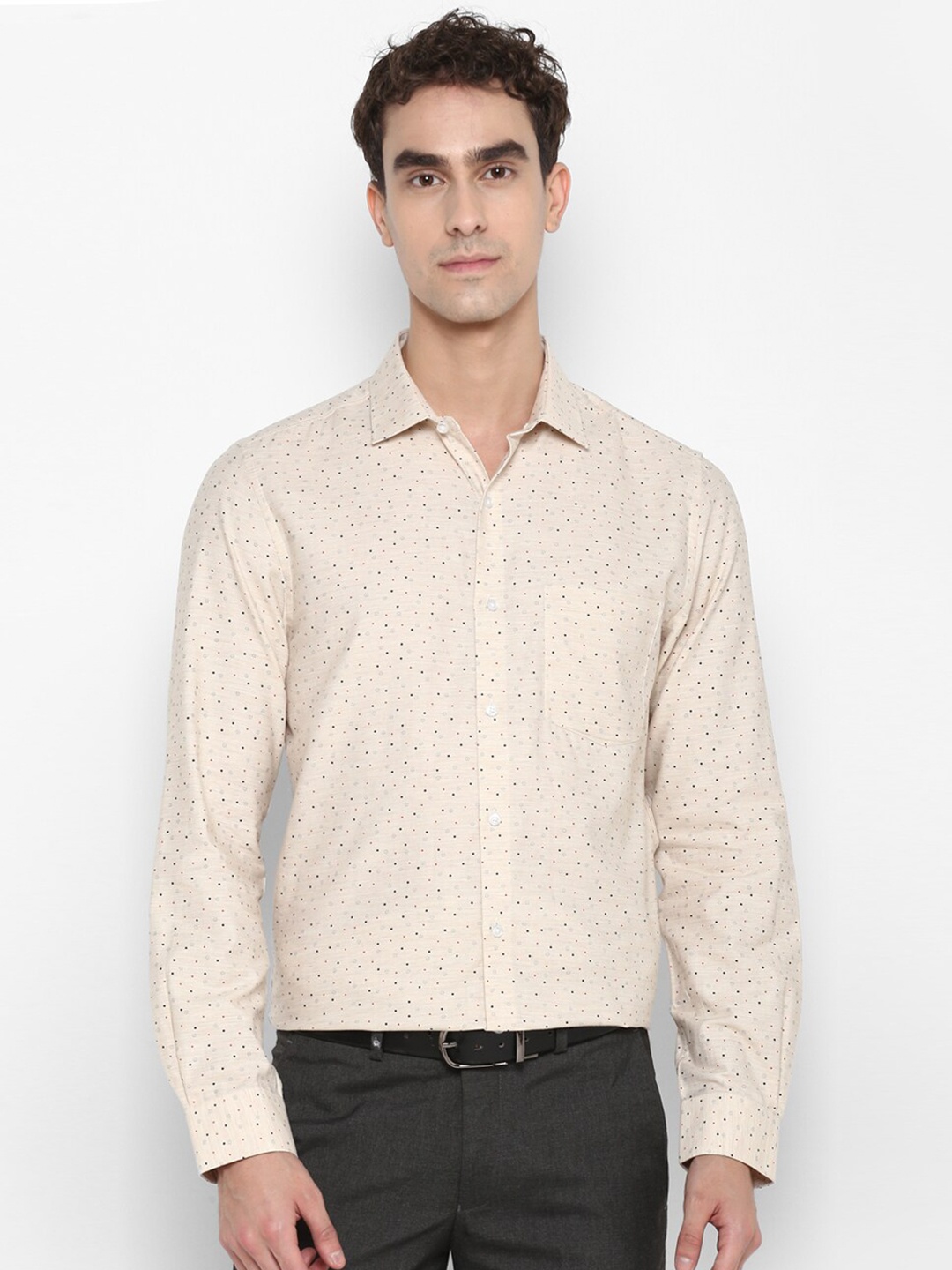 

Turtle Micro Ditsy Printed Long Sleeves Slim Fit Cotton Formal Shirt, Beige