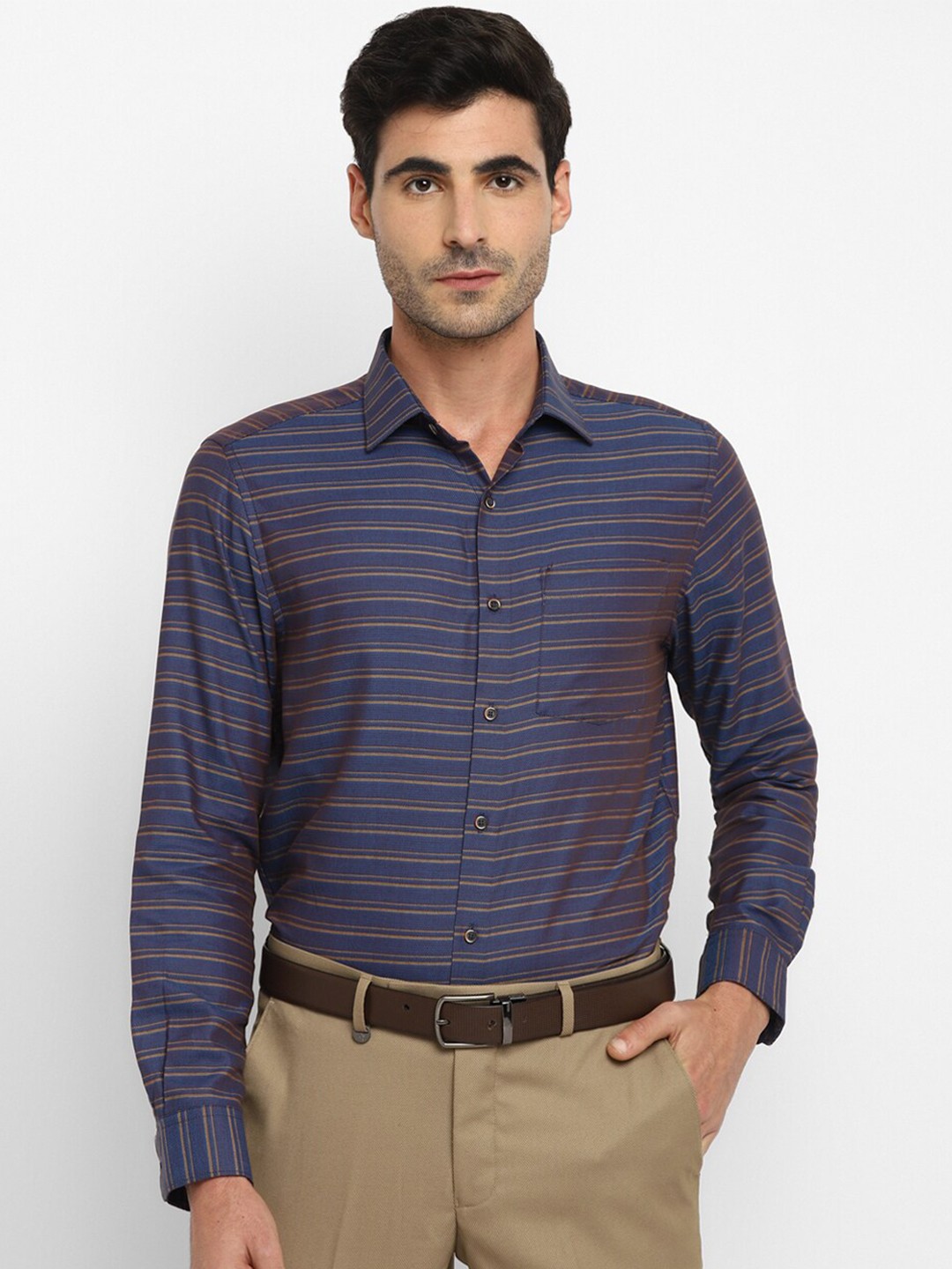

Turtle Horizontal Striped Long Sleeves Slim Fit Pure Cotton Formal Shirt, Navy blue
