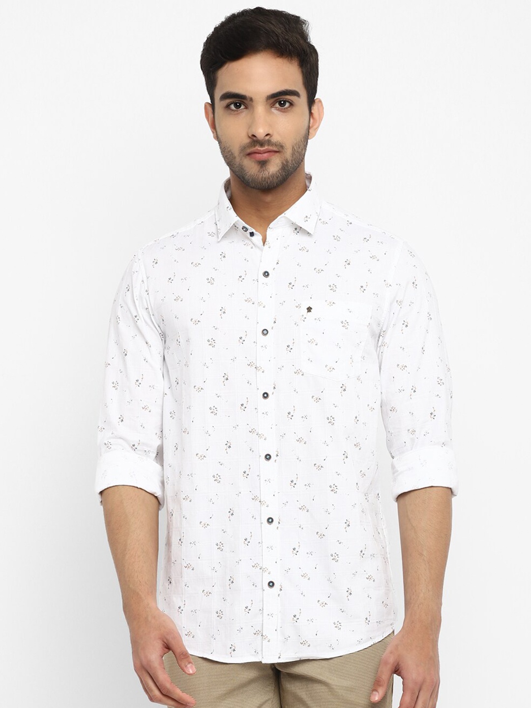 

Turtle Micro Ditsy Printed Long Sleeves Pure Cotton Casual Shirt, White