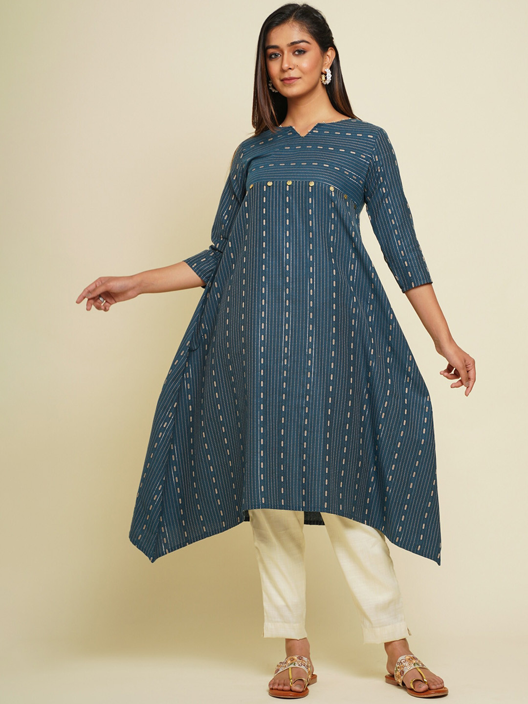

FLAMBOYANT Striped Notched Neck Pure Cotton Kurta With Trousers, Teal