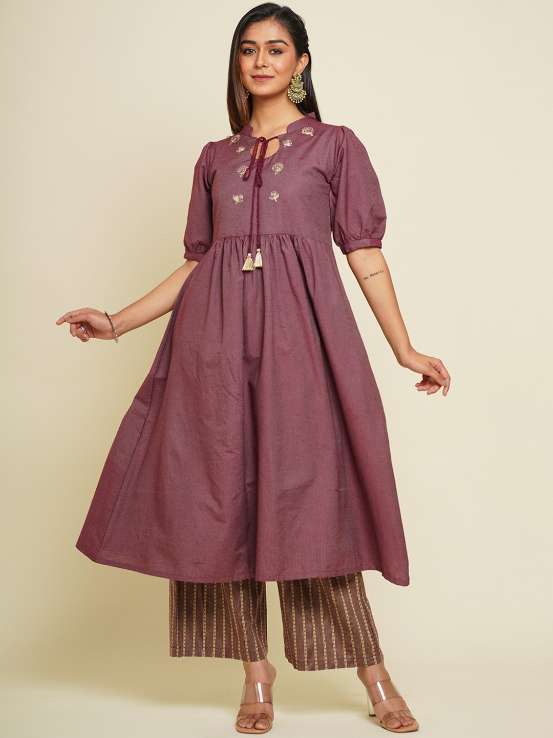 

FLAMBOYANT Embroidered Pleated Pure Cotton Anarkali Kurta With Palazzos, Maroon