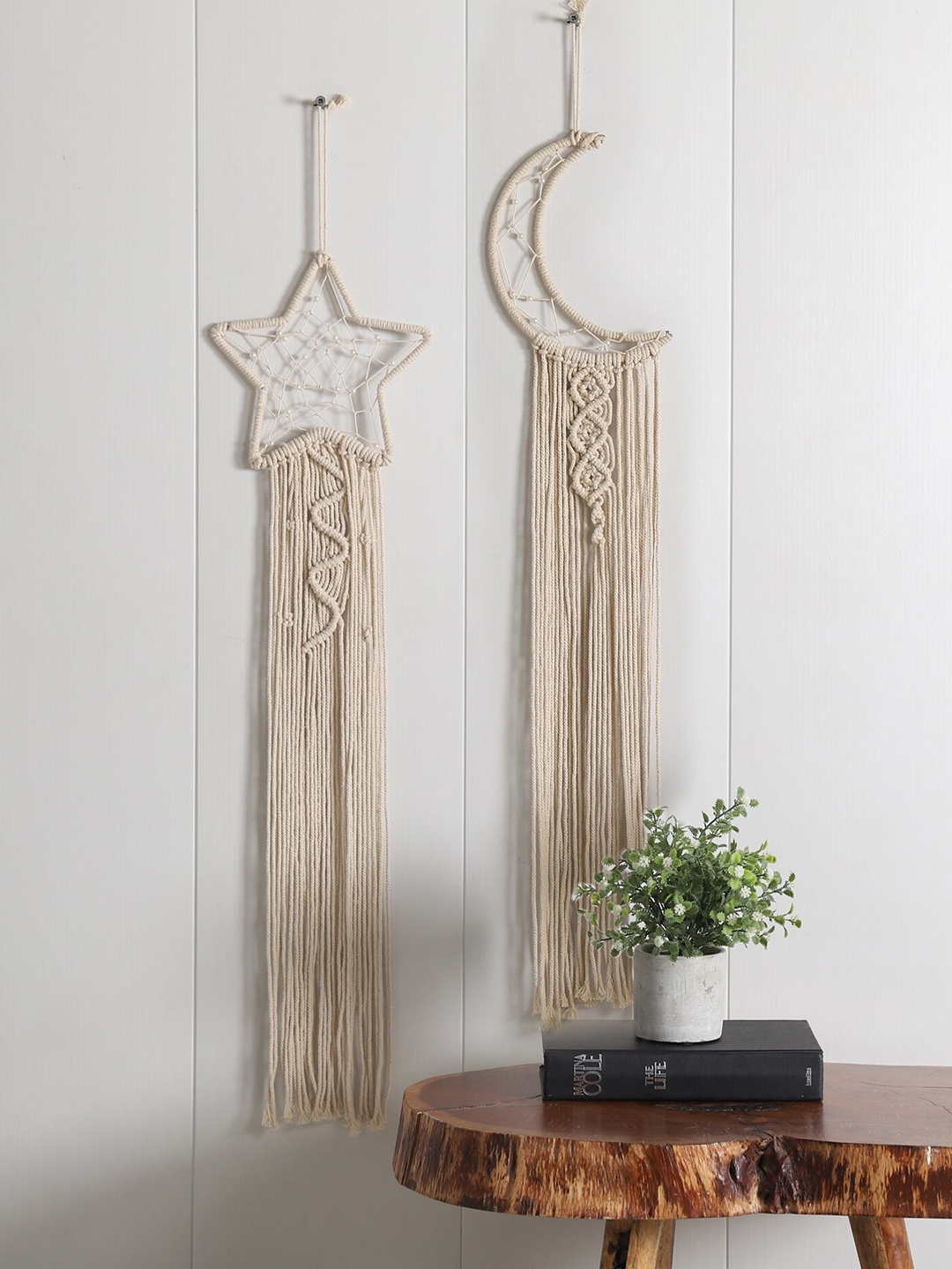 

HANDICRAFT PALACE Beige 2 Pieces Bohemian Moon & Star Macrame Wall Hangings