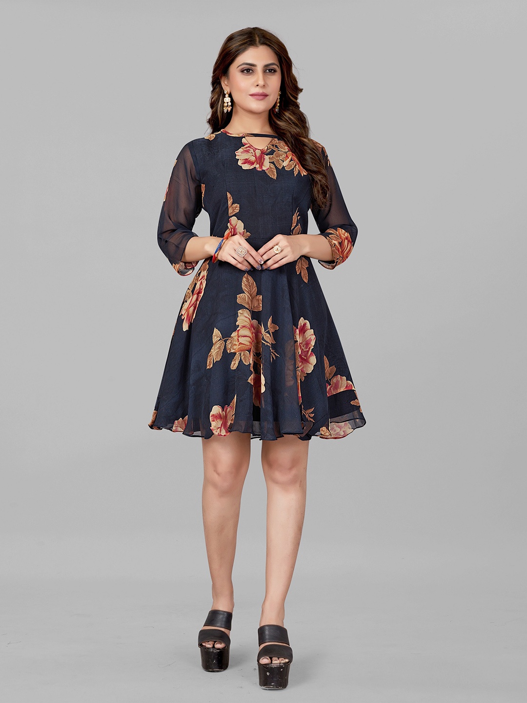 

eshami Floral Print Keyhole Neck Georgette Ethnic Fit & Flare Dress, Black