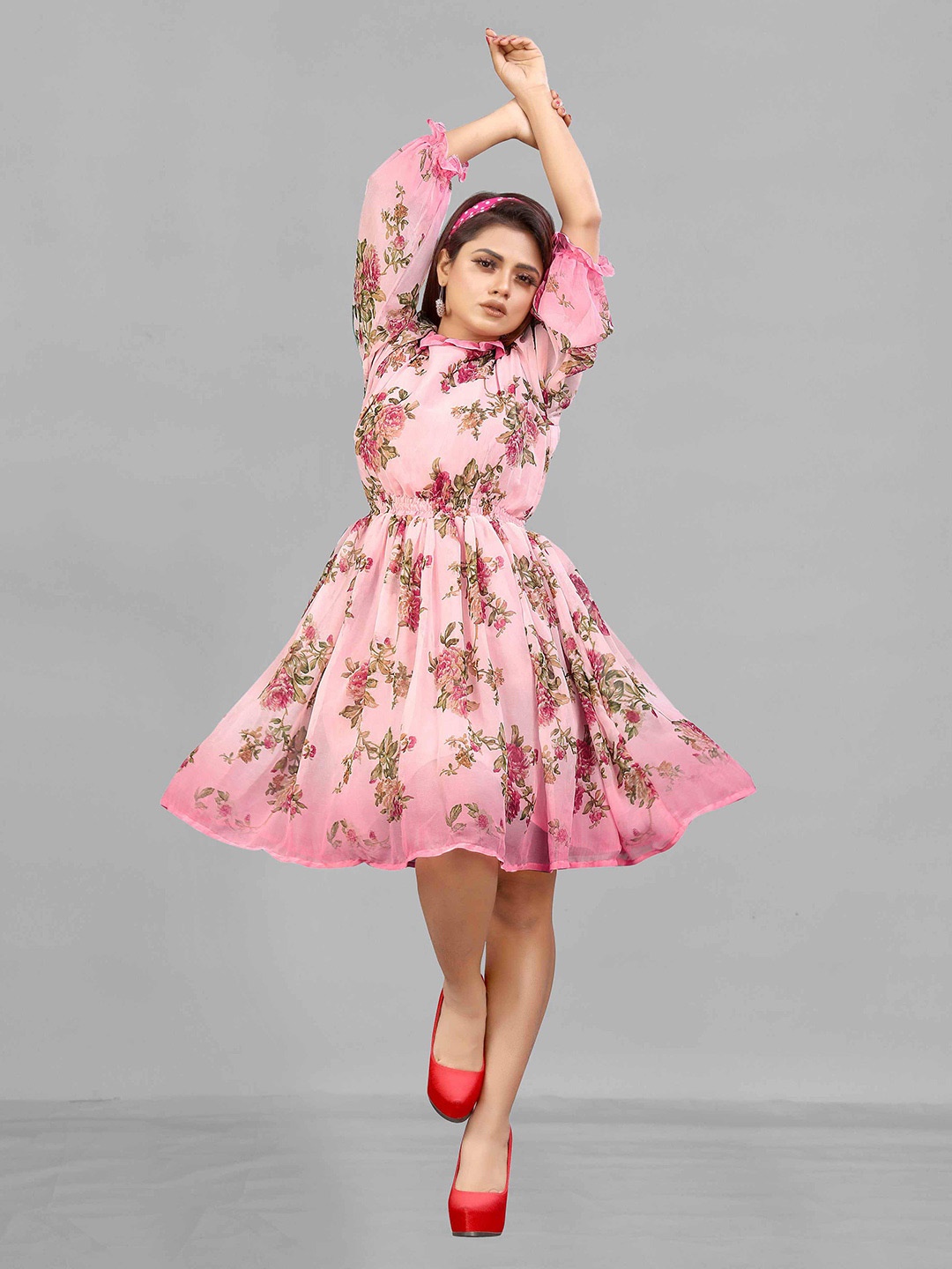 

eshami Floral Print Georgette Fit & Flare Dress, Pink