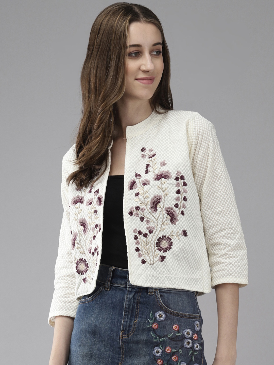 

Aarika Floral Cotton Open Front Jacket with Embroidered Detail, Cream