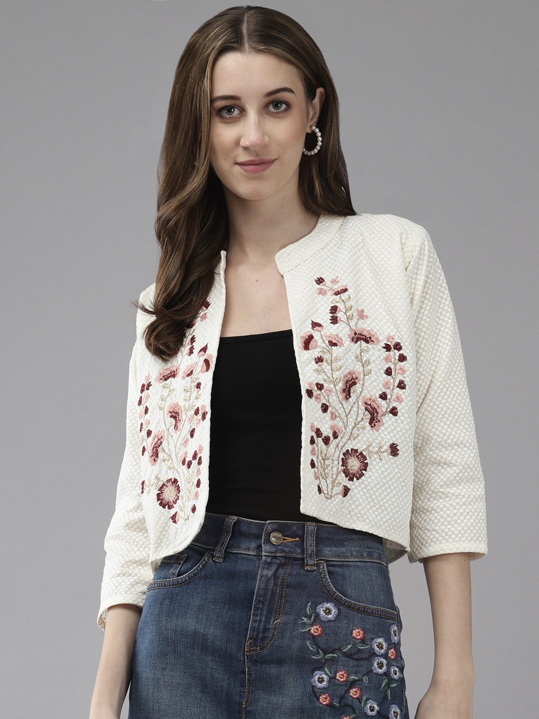 

Aarika Floral Cotton Open Front Jacket with Embroidered Detail, Cream