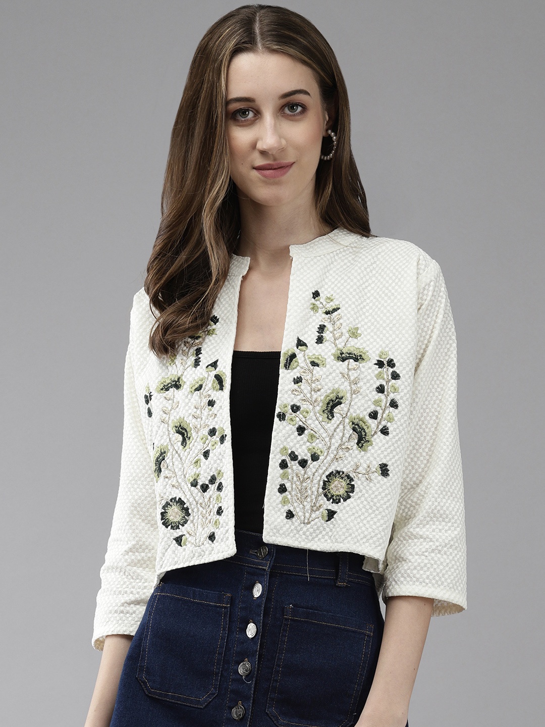 

Aarika Floral Cotton Open Front Jacket with Embroidered Details, Cream