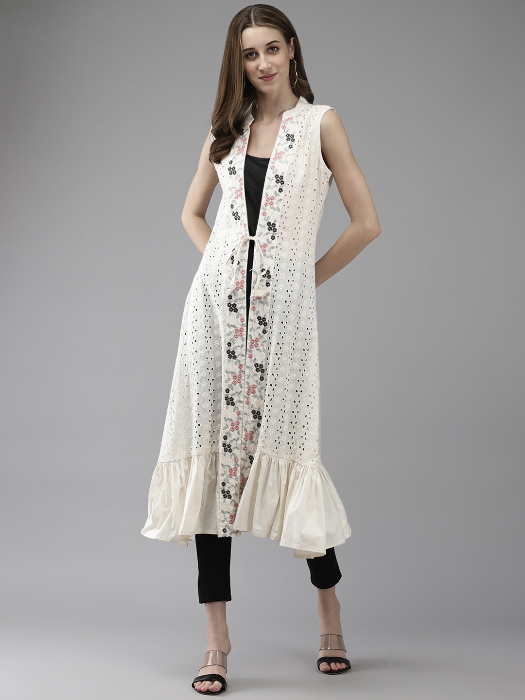 

Aarika Printed Embroidered Longline Tie-Up Shrug, Cream